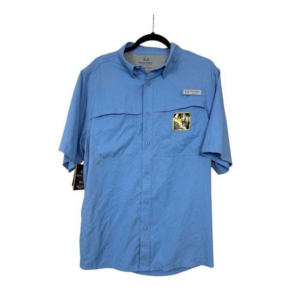 New REAL TREE Men’s  Blue Fishing Vented Shirt UPF 40 Pockets  Size Medium